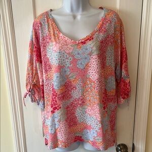 Talbots‎ Cotton Blend Pullover Top XL Asian Floral Print Pink Blue Feminine Boxy